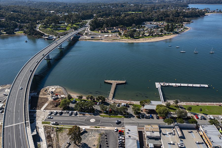 Aerial view over the Batemans Bay bridge and town